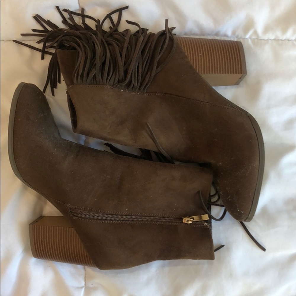 brown fringe heeled booties